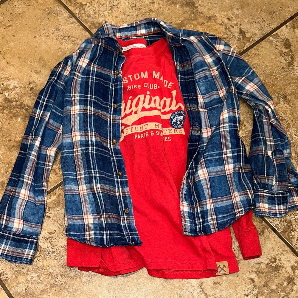 Carter's Blue Plaid Shirt Set with Red Tee 7/8